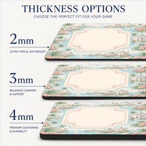 May include: Three rectangular mouse pads with a tropical coastal scene featuring palm trees, villas, and sailboats. The text THICKNESS OPTIONS is displayed with 2mm, 3mm, and 4mm options, labeled as ultra-thin, balanced comfort, and premium cushioning.