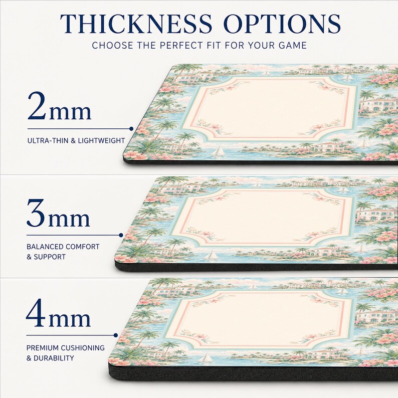 May include: Three rectangular mouse pads with a tropical coastal scene featuring palm trees, villas, and sailboats. The text THICKNESS OPTIONS is displayed with 2mm, 3mm, and 4mm options, labeled as ultra-thin, balanced comfort, and premium cushioning.