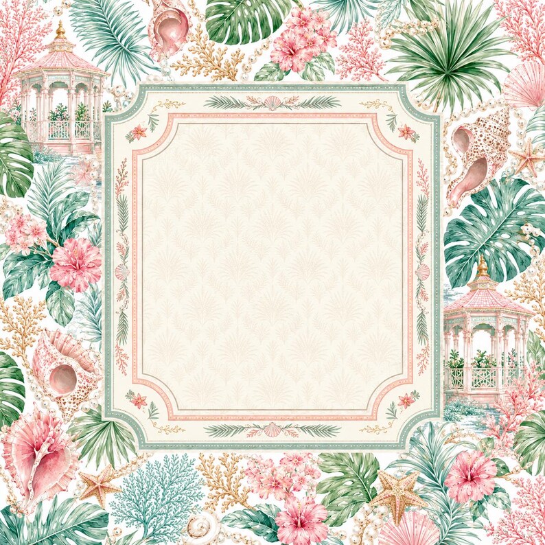 May include: A rectangular frame with a central cream-colored panel featuring a subtle fan pattern. The border is decorated with watercolor illustrations of pink gazebos, tropical palm leaves, hibiscus flowers, seashells, and coral branches.