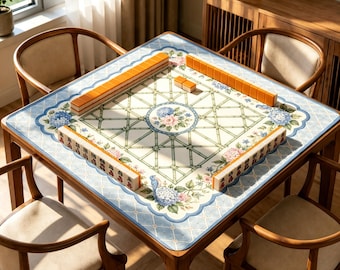 Blue Hydrangea Bamboo Mahjong Mat, Chinoiserie Bird Game Mat, Non Slip Table Mat Gift