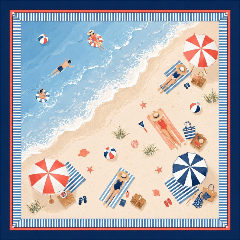 May include: A square scarf featuring an overhead illustration of a beach scene with people swimming, lounging on striped towels under red-white and blue-white umbrellas, beach balls, tote bags, and picnic baskets, framed by a navy and white striped border.