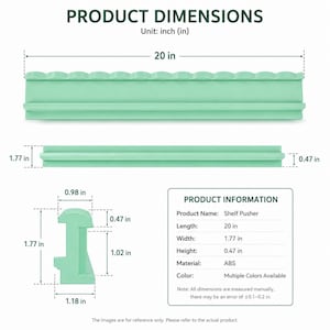 Puede incluir: Un empujador de estante de color verde claro con una longitud de 50,8 cm, un ancho de 4,5 cm y una altura de 1,2 cm. La caja de informaci&oacute;n del producto indica el nombre Shelf Pusher, material ABS y diagramas t&eacute;cnicos con medidas en cent&iacute;metros.