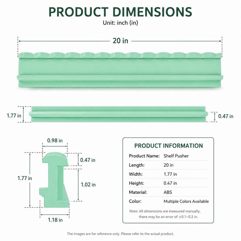 Puede incluir: Un empujador de estante de color verde claro con una longitud de 50,8 cm, un ancho de 4,5 cm y una altura de 1,2 cm. La caja de informaci&oacute;n del producto indica el nombre Shelf Pusher, material ABS y diagramas t&eacute;cnicos con medidas en cent&iacute;metros.