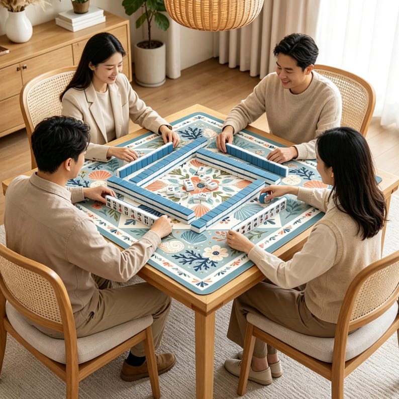 May include: A square mahjong table mat featuring a light blue background with a botanical and seashell pattern in white, orange, and dark blue. The mat is placed on a wooden table with four sets of blue and white mahjong tiles arranged in a square.
