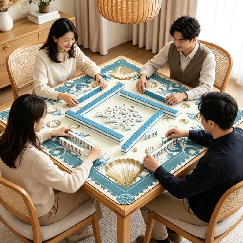 Peut inclure: Une table carr&eacute;e en bois avec quatre personnes jouant au Mahjong. La table a une surface cr&egrave;me avec un motif de coquillages bleus et dor&eacute;s. Des tuiles de Mahjong bleues et blanches sont dispos&eacute;es sur la table. Quatre personnes sont assises autour de la table.