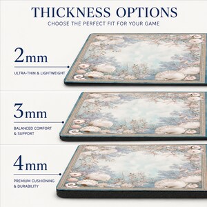 May include: A graphic showing three rectangular mouse pads with a seashell and coral pattern in blue and white. The text reads THICKNESS OPTIONS, 2mm ULTRA-THIN & LIGHTWEIGHT, 3mm BALANCED COMFORT & SUPPORT, and 4mm PREMIUM CUSHIONING & DURABILITY.