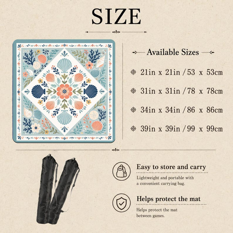 May include: A square mat featuring a blue, white, and coral floral and seashell pattern. Text lists sizes: 21in x 21in, 31in x 31in, 34in x 34in, and 39in x 39in. Includes two black carrying bags with straps for storage and protection.