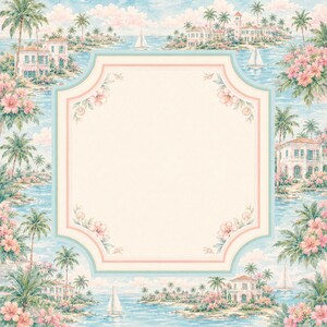 May include: A rectangular decorative frame with a cream-colored center, bordered by light blue and pink lines. The surrounding pattern features a tropical coastal scene with palm trees, white villas, sailboats, and pink hibiscus flowers.