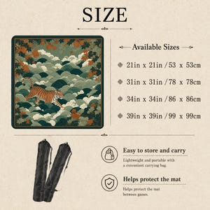 May include: A square mat featuring a tiger walking through stylised green waves and orange autumn leaves. Text lists sizes: 53 x 53cm, 78 x 78cm, 86 x 86cm, and 99 x 99cm. Includes two black carrying bags for storage and protection.
