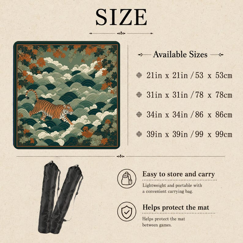May include: A square mat featuring a tiger walking through stylised green waves and orange autumn leaves. Text lists sizes: 53 x 53cm, 78 x 78cm, 86 x 86cm, and 99 x 99cm. Includes two black carrying bags for storage and protection.