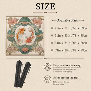 May include: A square mat featuring two orange and white koi fish surrounded by pink lotus flowers and green leaves. Text lists sizes: 21in x 21in, 31in x 31in, 34in x 34in, and 39in x 39in. Includes two black carrying bags for storage and protection.