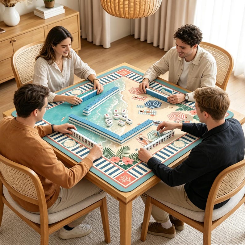 May include: A square mahjong mat featuring a beach-themed illustration with turquoise ocean waves, sandy shores, colorful umbrellas, and tropical foliage. The mat is bordered by blue and white stripes and includes sets of white mahjong tiles.