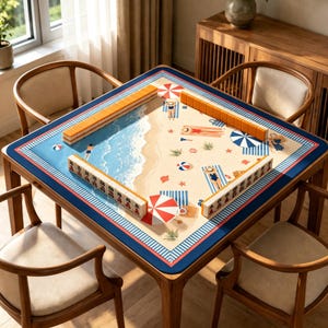 May include: A square mahjong table featuring a beach-themed mat with illustrations of sand, ocean waves, umbrellas, and sunbathers. Four rows of orange and white mahjong tiles are arranged in a square formation on the surface of the table.