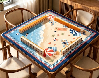 Beach Mahjong Mat, Summer Coastal Game Table Cover, Non Slip Jacquard Board Game Mat, Ocean Vacation Mahjong Gift