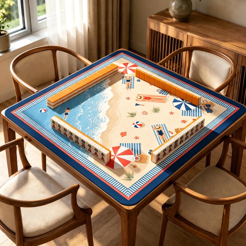 May include: A square mahjong table featuring a beach-themed mat with illustrations of sand, ocean waves, umbrellas, and sunbathers. Four rows of orange and white mahjong tiles are arranged in a square formation on the surface of the table.