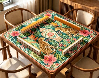 Tropical Leopard Mahjong Mat, Chinoiserie Ginger Jar Game Mat, Floral Jungle Mahjong Table Mat, Hibiscus Game Night Gift