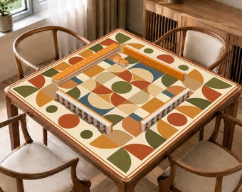 Retro Geometric Mahjong Mat, Mid Century Modern Game Mat, Non Slip Boho Abstract Table Mat