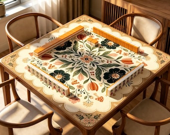 Folk Floral Mahjong Mat, Cottagecore Botanical Game Mat, Non Slip Table Mat Gift