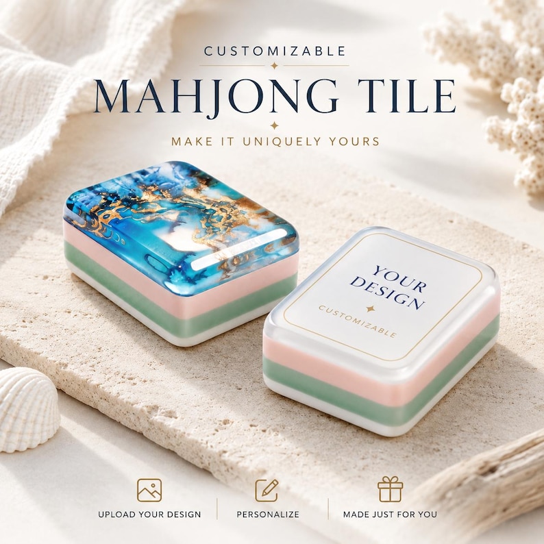 May include: Two rectangular mahjong tiles with a layered design featuring a white top, a pink middle, and a green base. One tile displays a blue, white, and gold marbled pattern, while the other features the text YOUR DESIGN and CUSTOMIZABLE.