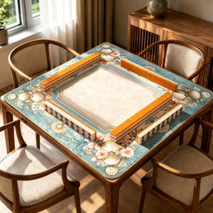 May include: A square mahjong table featuring a blue mat with a floral and seashell pattern. The table is surrounded by four wooden chairs with beige cushions. Rows of orange and white mahjong tiles are arranged on the edges of the table surface.