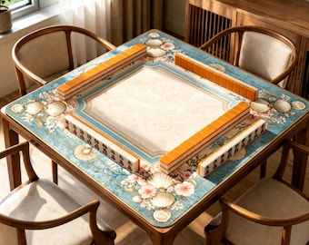 Pastel Seashell Mahjong Mat, Coastal Floral Game Table Cover, Non Slip Jacquard Mahjong Mat, Elegant Beach House Board Game Gift