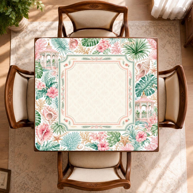 May include: A square table featuring a central cream-colored panel with a subtle geometric pattern, surrounded by a decorative border of pink gazebos, tropical green palm leaves, vibrant pink hibiscus flowers, seashells, and coral reefs.