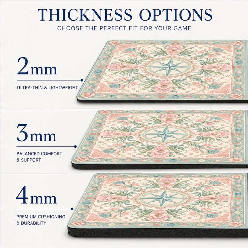 May include: Three rectangular mouse pads with a floral and compass design in pink, green, and cream. The image displays thickness options of 2mm, 3mm, and 4mm, with text labels indicating ultra-thin, balanced comfort, and premium cushioning features.