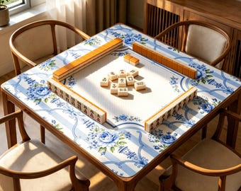 Blue Chinoiserie Mahjong Mat, Porcelain Floral Game Table Cover, Non Slip Jacquard Board Game Mat, Elegant Mahjong Gift