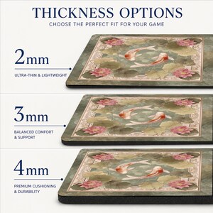 May include: Three rectangular mouse pads with a koi fish and lotus flower pattern, displayed in 2mm, 3mm, and 4mm thickness options. The text reads THICKNESS OPTIONS, CHOOSE THE PERFECT FIT FOR YOUR GAME, ULTRA-THIN & LIGHTWEIGHT, BALANCED COMFORT & SUPPORT, and PREMIUM CUSHIONING & DURABILITY.
