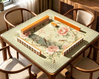 Sage Peony Bird Mahjong Mat, Chinoiserie Floral Game Mat, Non Slip Table Mat Gift