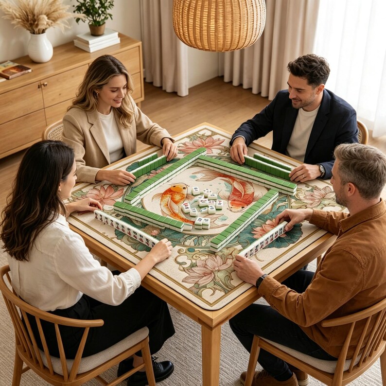 May include: A square mahjong table featuring a central mat with a printed design of two orange koi fish and pink lotus flowers. The table is set with green tile racks and white mahjong tiles with black and red characters arranged in the center.