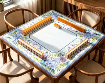 Blue Hydrangea Mahjong Mat, Lavender Floral Game Mat, Non Slip Table Mat Gift