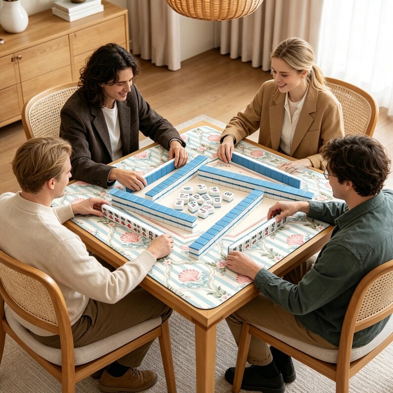 May include: Four individuals sit around a square wooden table playing a game of Mahjong. The table is covered with a light blue and white striped cloth featuring a floral pattern. The game includes blue rectangular tiles and white square tiles.