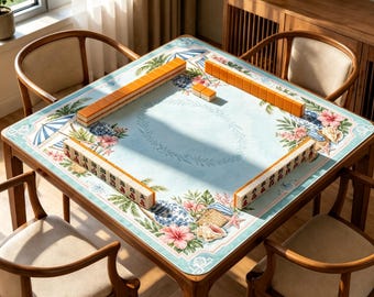 Coastal Chinoiserie Mahjong Mat, Palm Beach Game Mat, Non Slip Table Mat Gift
