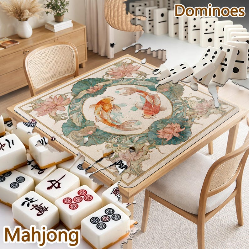 May include: A square table mat featuring a central circular illustration of two koi fish surrounded by pink lotus flowers and green leaves. The mat is surrounded by white mahjong tiles with black and red symbols and a row of white dominoes.