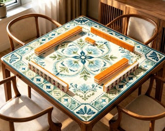 Vintage Blue Floral Tile Mahjong Mat, Non Slip Mahjong Table Mat, Jacquard Game Mat, Chinoiserie Floral Mahjong Gift, Azulejo Tile Mat