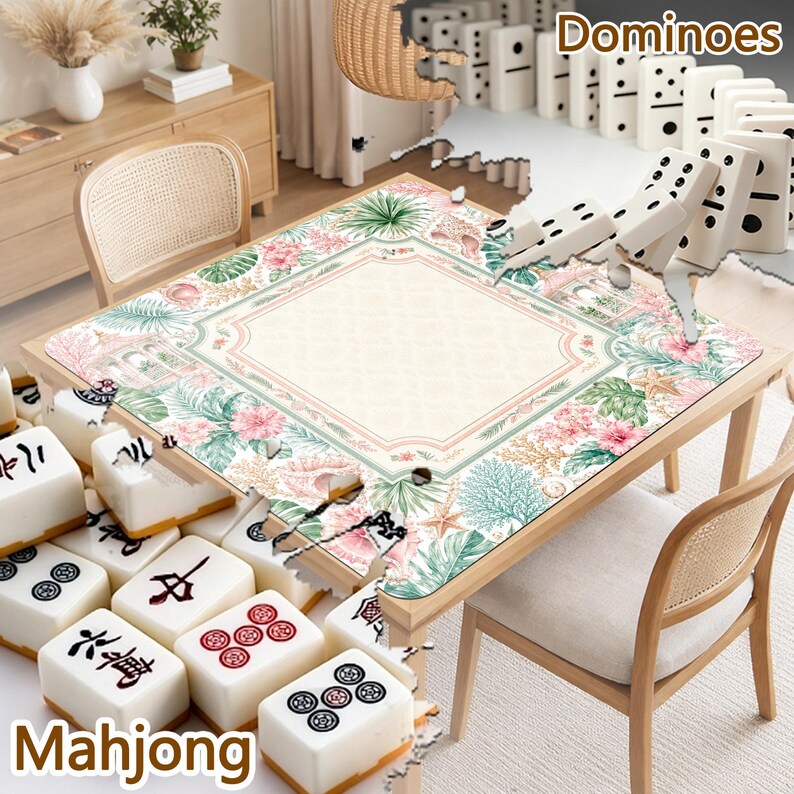 Coastal Garden Mahjong Mat, Seashell Tropical Game Table Cover, Non Slip Jacquard Board Game Mat, Beach House Mahjong Gift image 3
