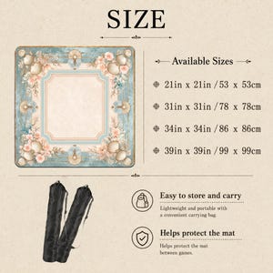 May include: A square mat with a light blue and cream border featuring seashell and floral illustrations. Text lists sizes: 21in x 21in, 31in x 31in, 34in x 34in, and 39in x 39in. Includes two black carrying bags with straps for storage and protection.