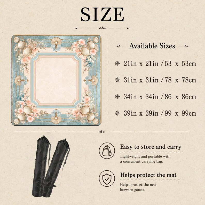 May include: A square mat with a light blue and cream border featuring seashell and floral illustrations. Text lists sizes: 21in x 21in, 31in x 31in, 34in x 34in, and 39in x 39in. Includes two black carrying bags with straps for storage and protection.