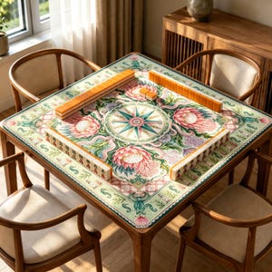 May include: A square mahjong table featuring a printed mat with a central compass rose design surrounded by pink protea flowers and green foliage. The table is set with orange and white mahjong tiles arranged in rows along the edges of the mat.