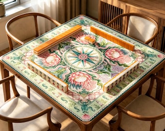 Coastal Compass Mahjong Mat, Seashell Lighthouse Mahjong Table Mat, Non Slip Jacquard Game Mat, Nautical Floral Mahjong Gift