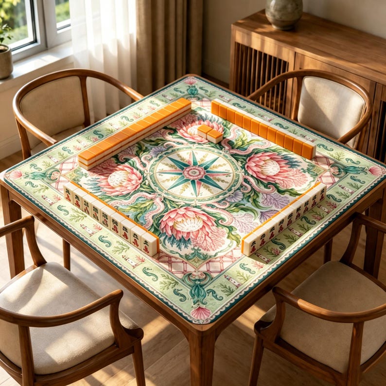 May include: A square mahjong table featuring a printed mat with a central compass rose design surrounded by pink protea flowers and green foliage. The table is set with orange and white mahjong tiles arranged in rows along the edges of the mat.