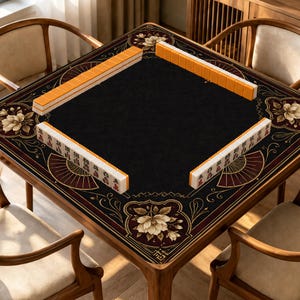 May include: A square wooden game table featuring a black felt surface with a decorative border of floral patterns and fan motifs. Four rows of mahjong tiles are arranged along the edges, with orange backs facing outward and white faces inward.