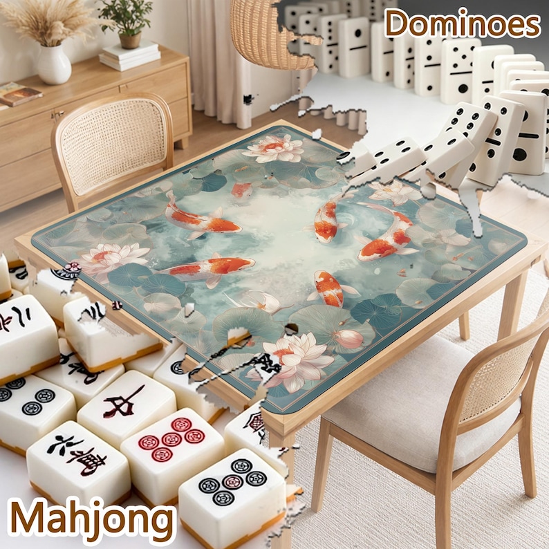 Peut inclure: Un tapis de table rectangulaire orn&eacute; d'un motif imprim&eacute; de poissons ko&iuml; et de fleurs de lotus dans des tons bleu, vert et orange. Le tapis est entour&eacute; de tuiles de mah-jong blanches &agrave; symboles noirs et rouges et de dominos blancs &agrave; points noirs.
