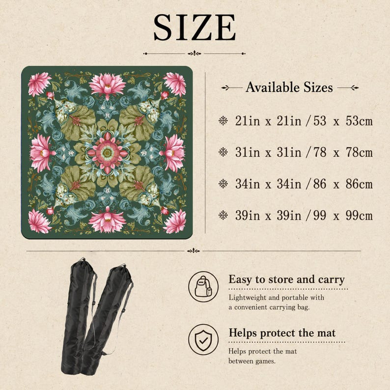 May include: A square mat featuring a dark green background with a symmetrical floral pattern of pink lotus flowers and green foliage. Text lists available sizes: 21in x 21in, 31in x 31in, 34in x 34in, and 39in x 39in. Includes two black carrying bags.