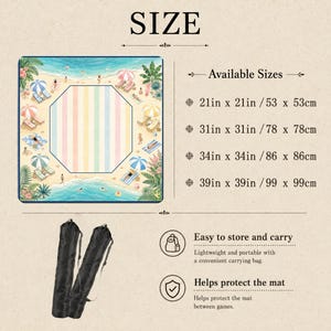 May include: A square beach-themed mat with a central octagonal pastel striped panel, surrounded by illustrations of beach chairs, umbrellas, and palm trees. Available sizes include 21in x 21in, 31in x 31in, 34in x 34in, and 39in x 39in, with black carrying bags.