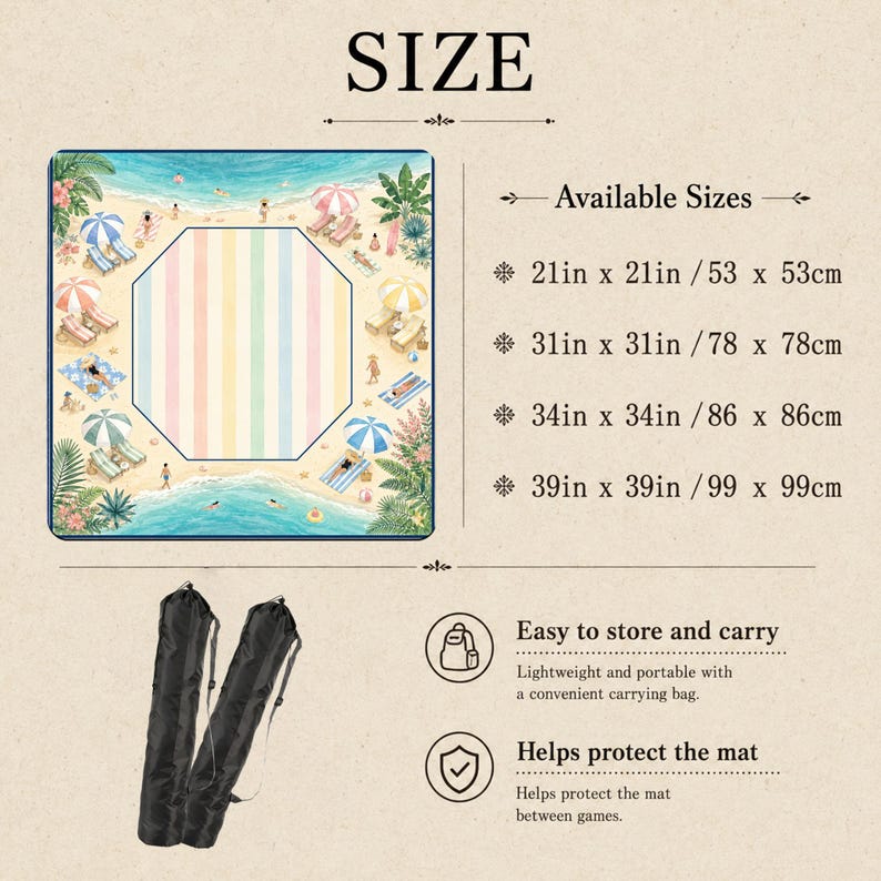 May include: A square beach-themed mat with a central octagonal pastel striped panel, surrounded by illustrations of beach chairs, umbrellas, and palm trees. Available sizes include 21in x 21in, 31in x 31in, 34in x 34in, and 39in x 39in, with black carrying bags.
