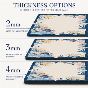 May include: Image shows three rectangular gaming mats with varying thicknesses: 2mm, 3mm, and 4mm. Each mat features a beige center with a marine-themed border in blue, coral, and yellow. Text indicates the mats are ultra-thin, balanced, and premium.