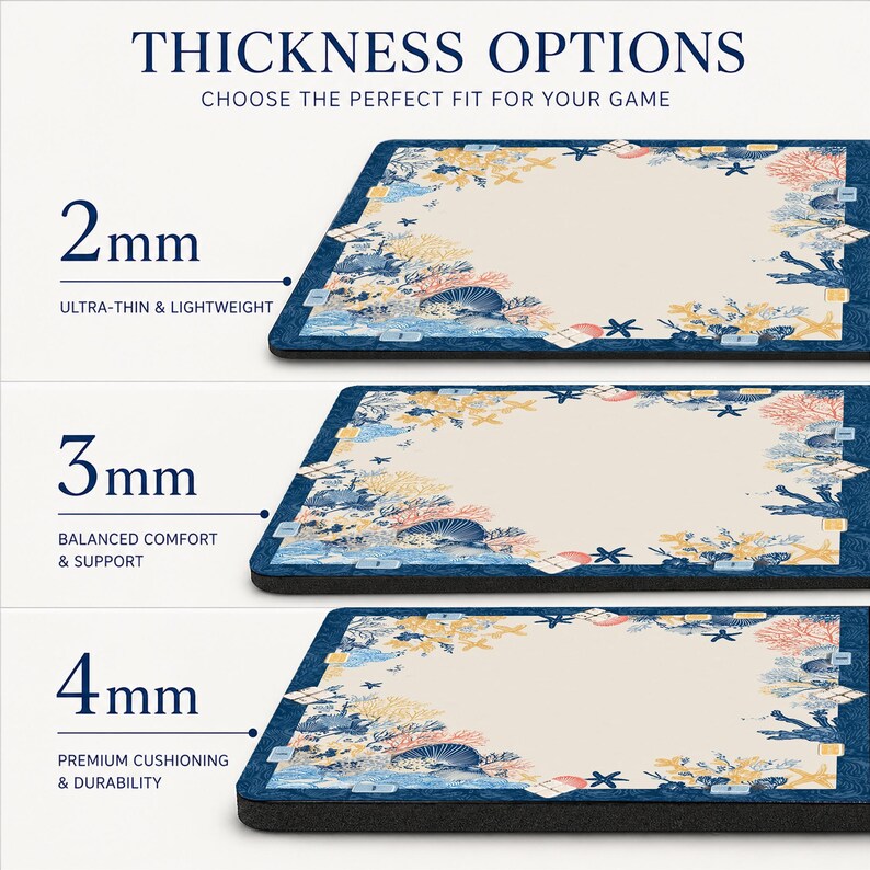 May include: Image shows three rectangular gaming mats with varying thicknesses: 2mm, 3mm, and 4mm. Each mat features a beige center with a marine-themed border in blue, coral, and yellow. Text indicates the mats are ultra-thin, balanced, and premium.