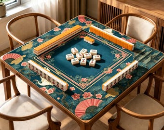 Crane Mahjong Mat, Japanese Garden Fan Game Table Cover, Non Slip Jacquard Board Game Mat, Oriental Mahjong Gift
